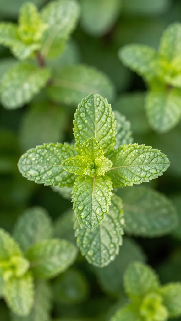 dew-kissed mint leaves in soft morning light
