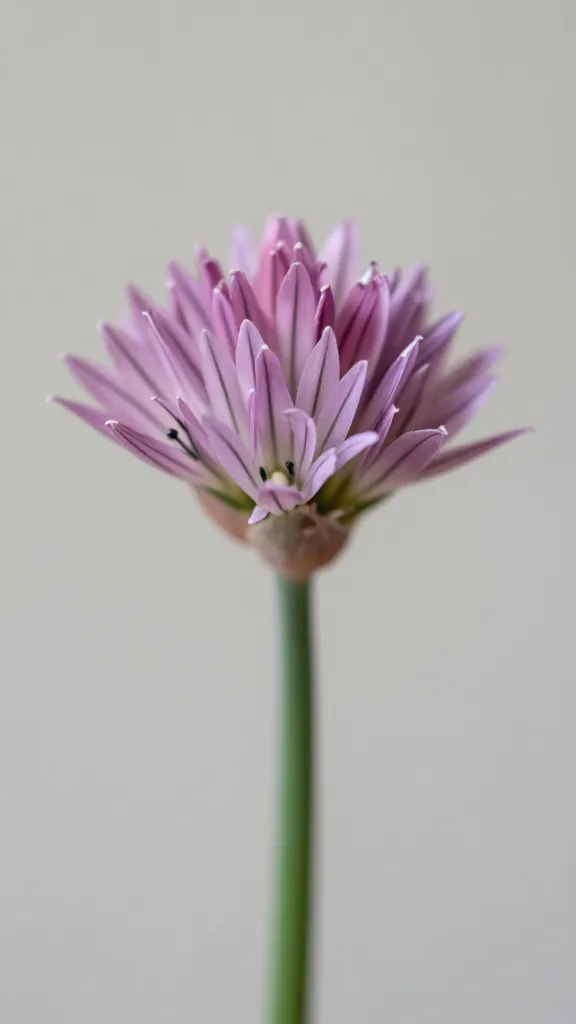 closeup chive blossoms against neutral linen backdrop