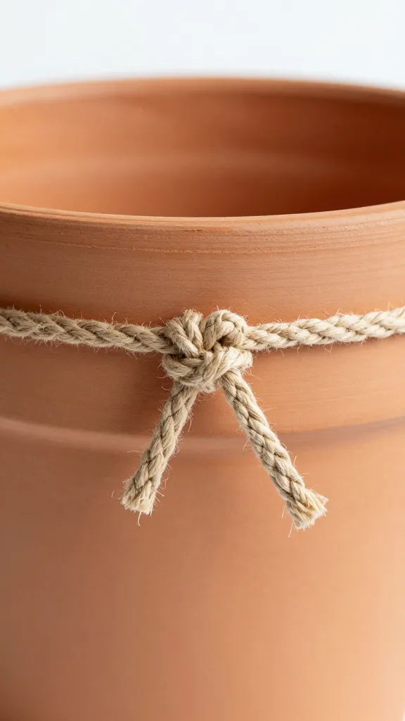 terra-cotta pot rim with textured twine knot closeup