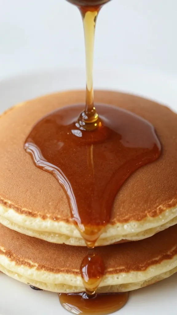 closeup pour of espresso maple syrup over one pancake
