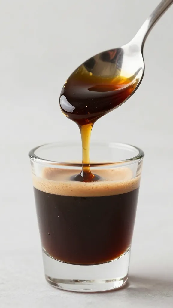 spoon dripping espresso maple syrup, macro shot