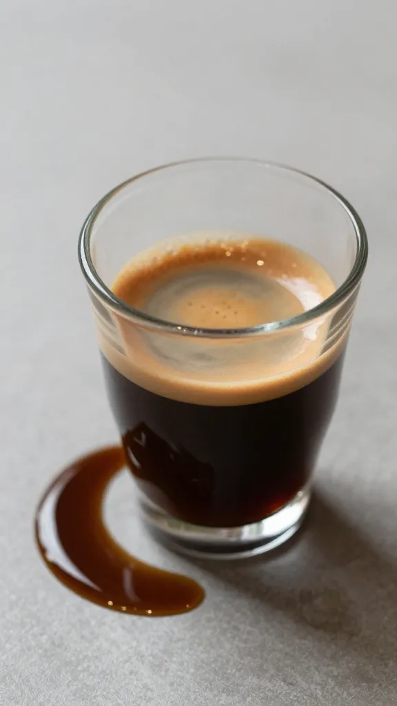 espresso shot in demitasse beside syrup swirl, closeup