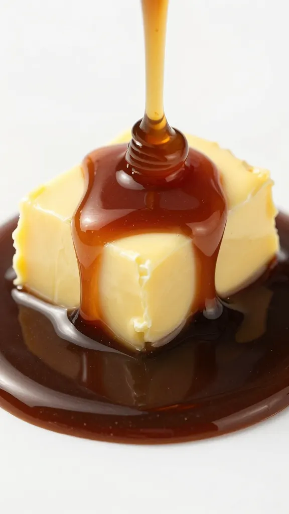 butter pat melting under espresso maple syrup, macro