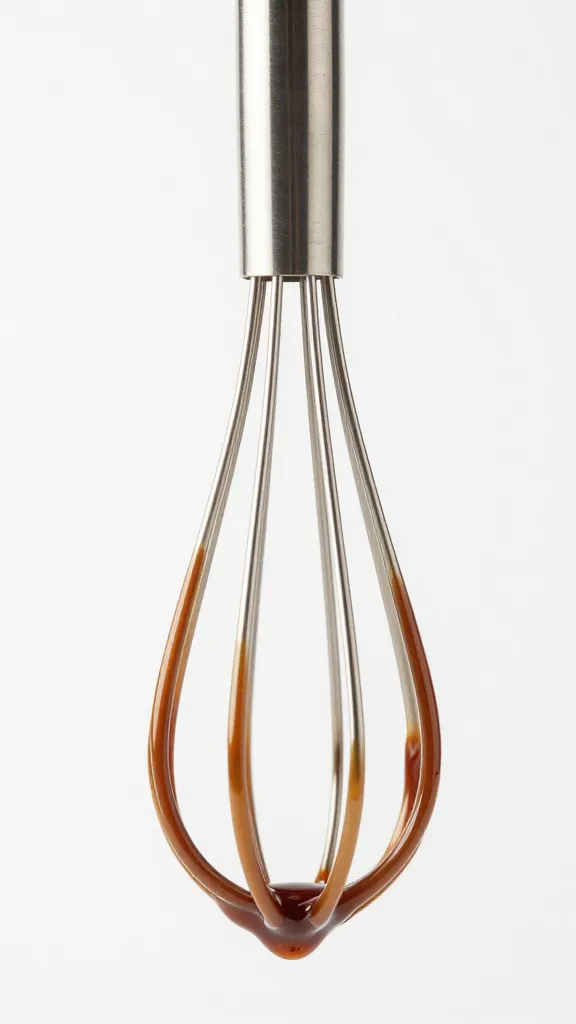 stainless whisk coated in glossy espresso maple syrup