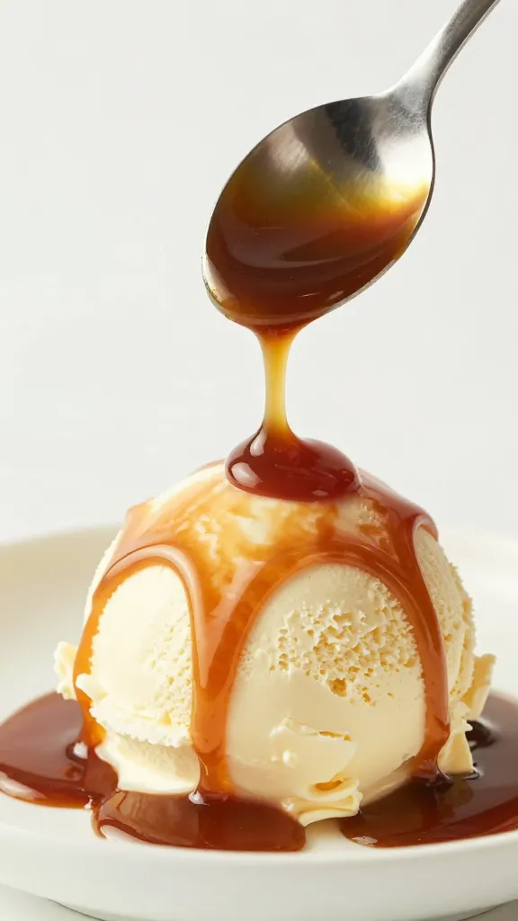 spoon drizzling glossy miso caramel over vanilla scoop