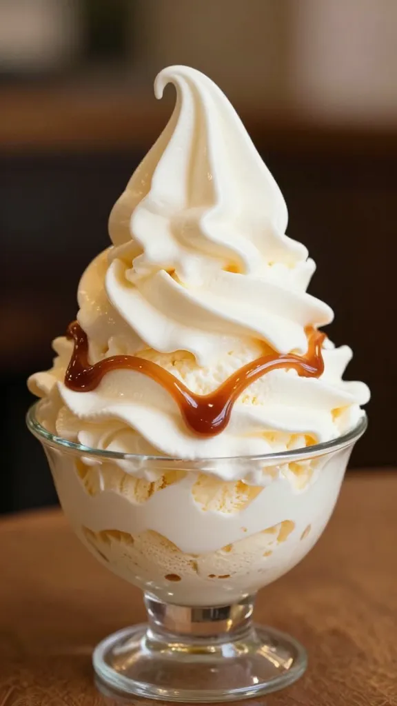 single scoop vanilla ice cream with caramel ribbon