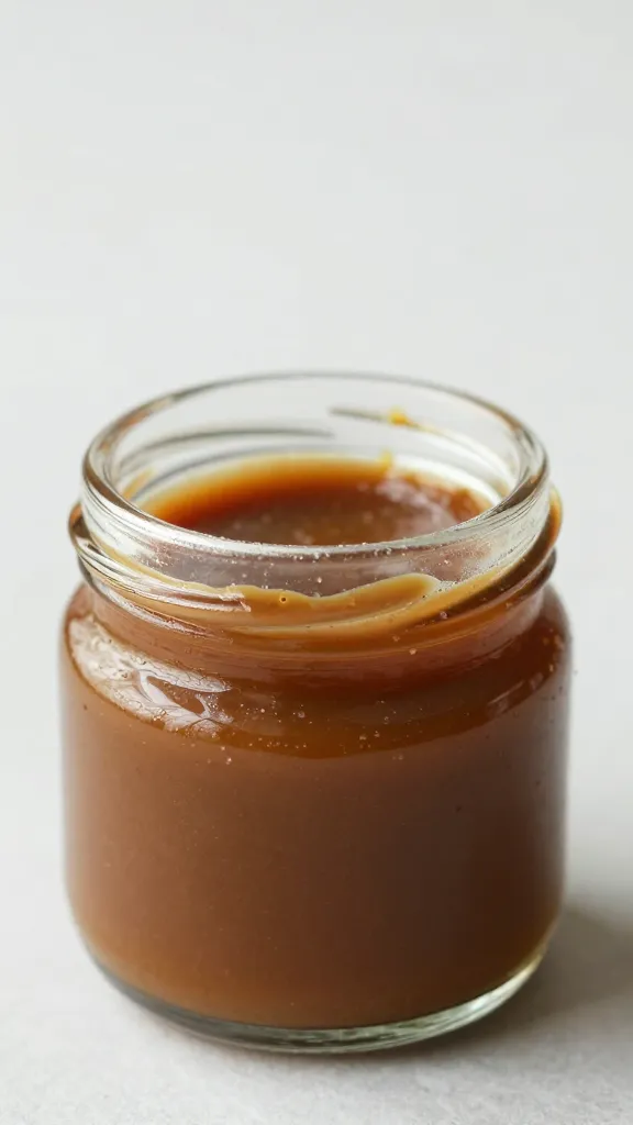 small glass jar of miso caramel, sticky rim