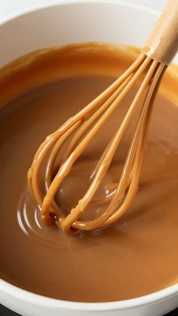 whisk coated in miso caramel over saucepan surface
