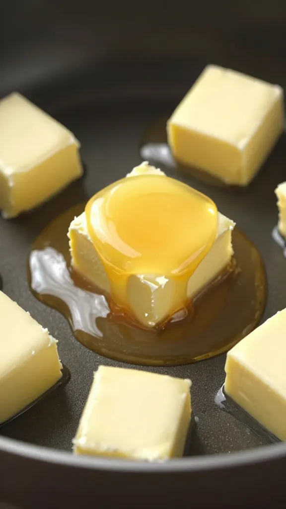 butter cube melting into amber caramel in pan