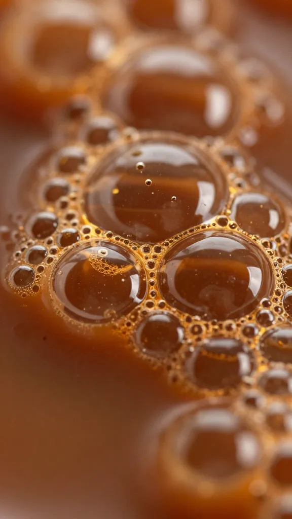 macro shot of caramel bubbles turning deep amber