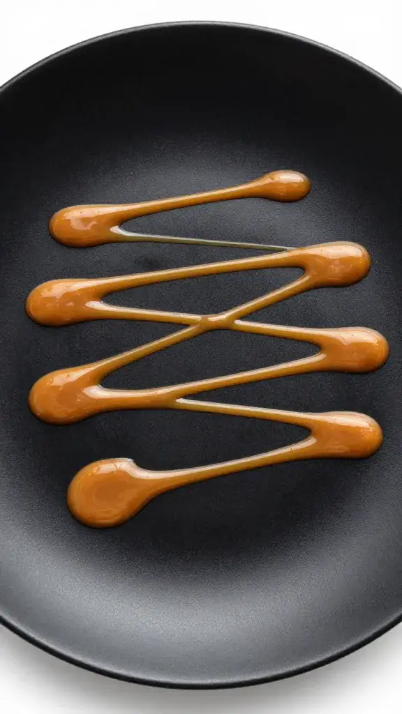 drizzle trail of miso caramel on matte black plate