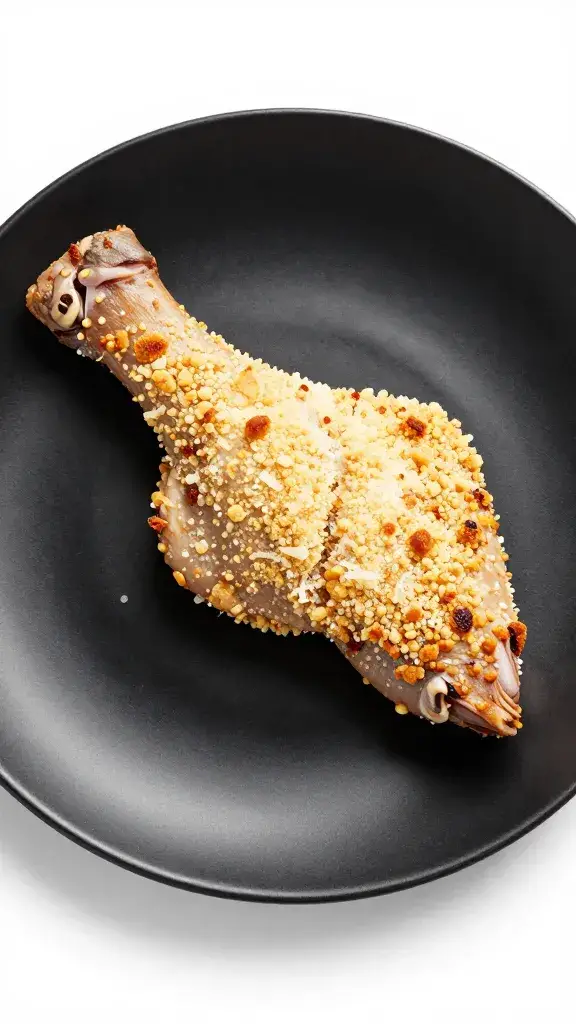 single wing on matte black plate, parmesan crumble