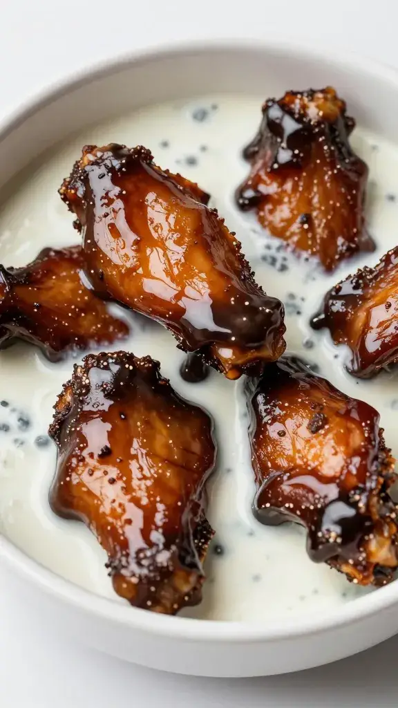 glossy wing in bowl of ranch-truffle glaze