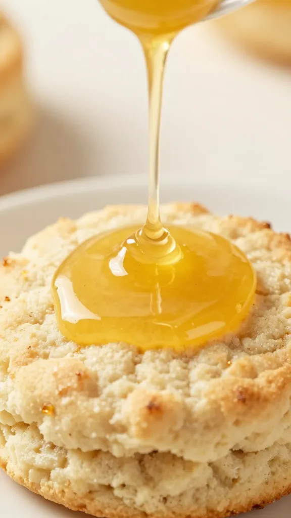 closeup of hot honey butter dripping on a biscuit