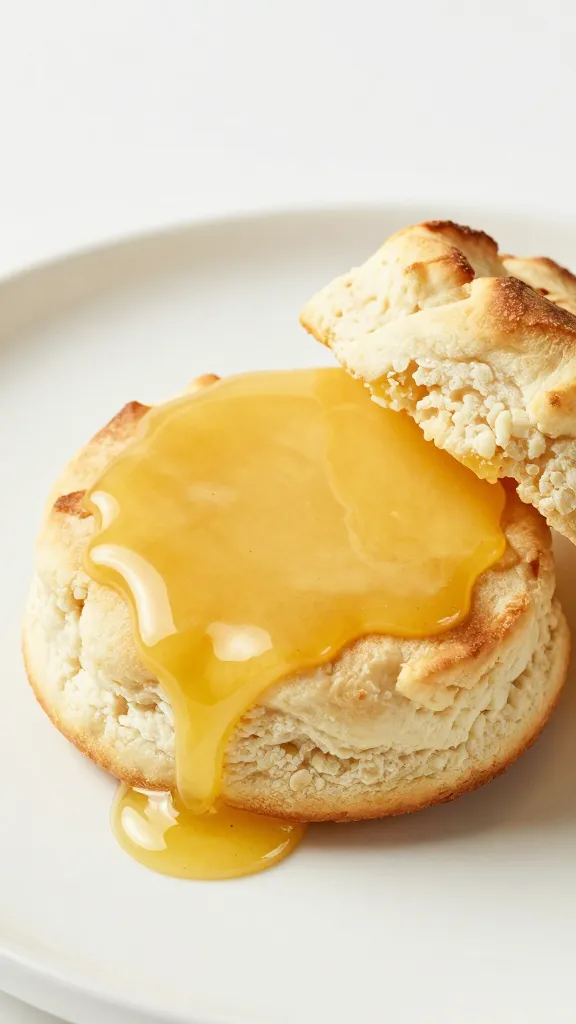 golden biscuit half with melted hot honey butter glaze