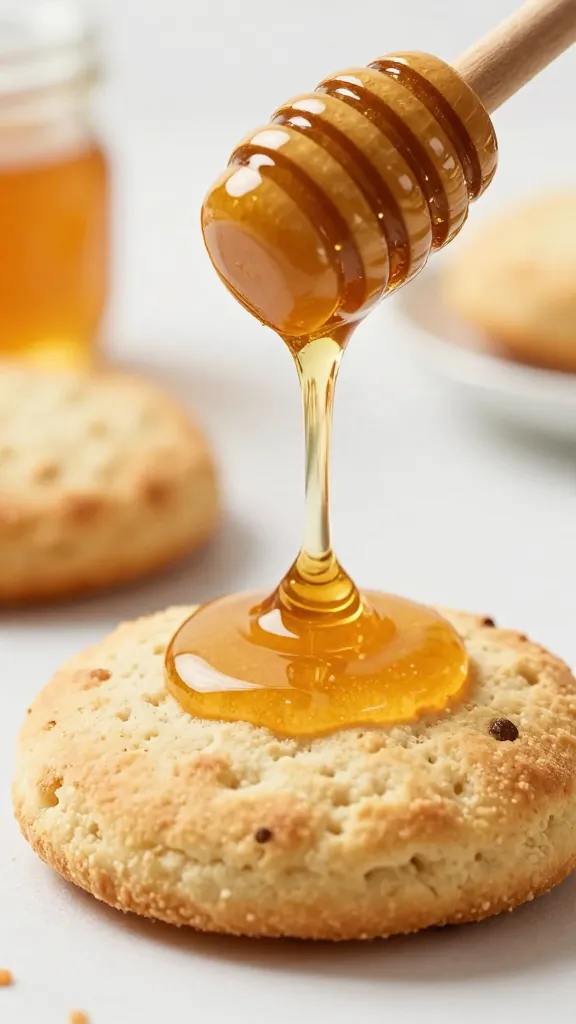 honey dipper streaming spicy honey onto warm biscuit