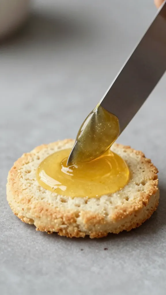 knife spreading hot honey butter on biscuit top