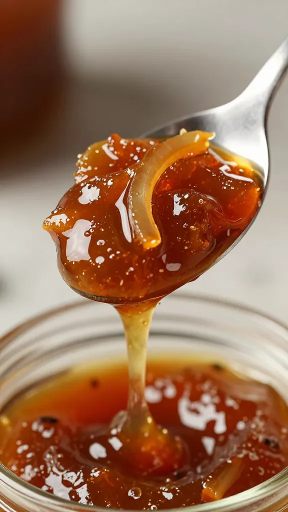 closeup spoonful of caramelized balsamic onion jam dripping