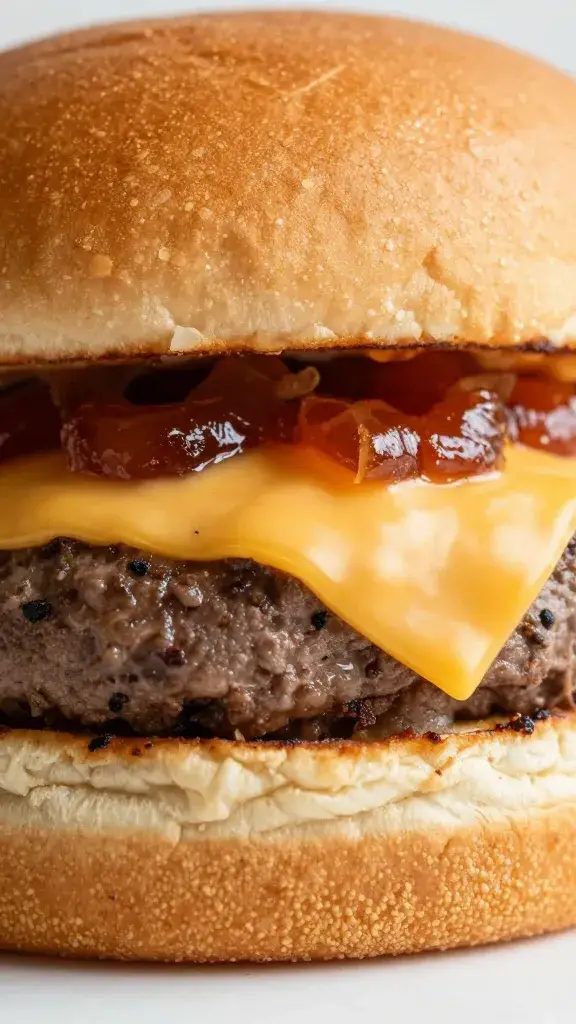 brioche burger with onion jam and melted cheddar, closeup