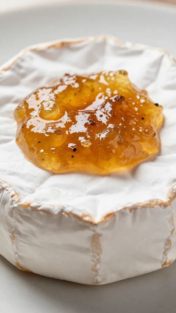 wheel of brie topped with onion jam, tight shot