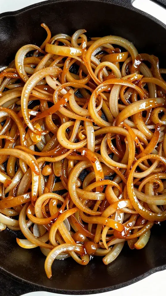 cast-iron skillet of glossy caramelized onions, overhead closeup