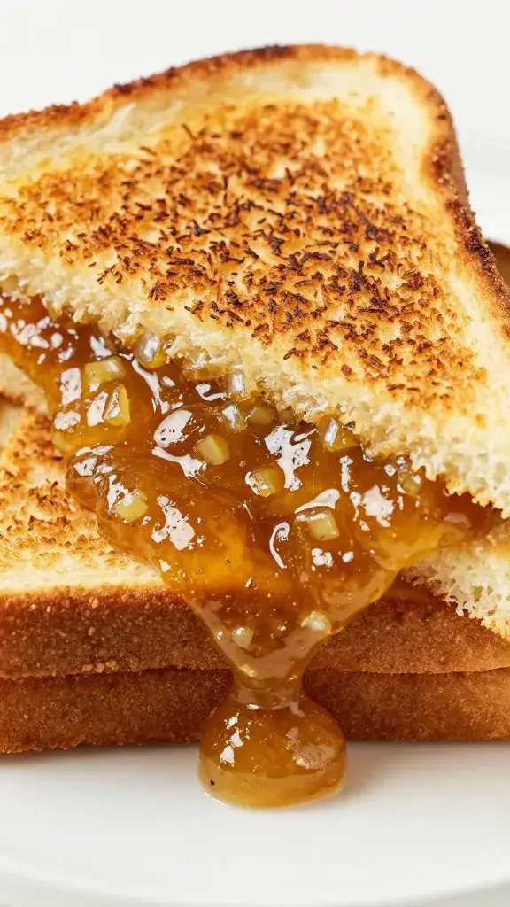 grilled cheese sandwich oozing with onion jam, closeup