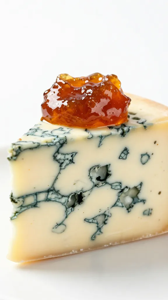 blue cheese wedge crowned with onion jam, macro