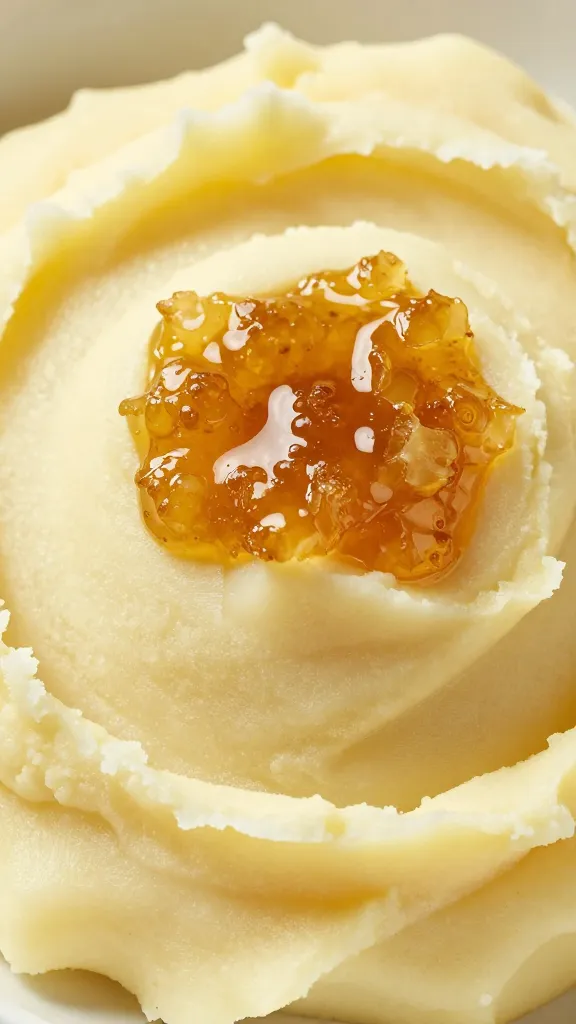 mashed potatoes swirl with onion jam dollop, closeup
