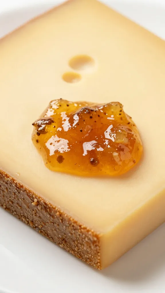 gruyère slice with onion jam smear, tight macro