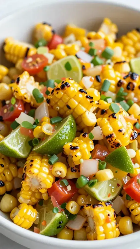 closeup bowl of charred corn and lime salsa
