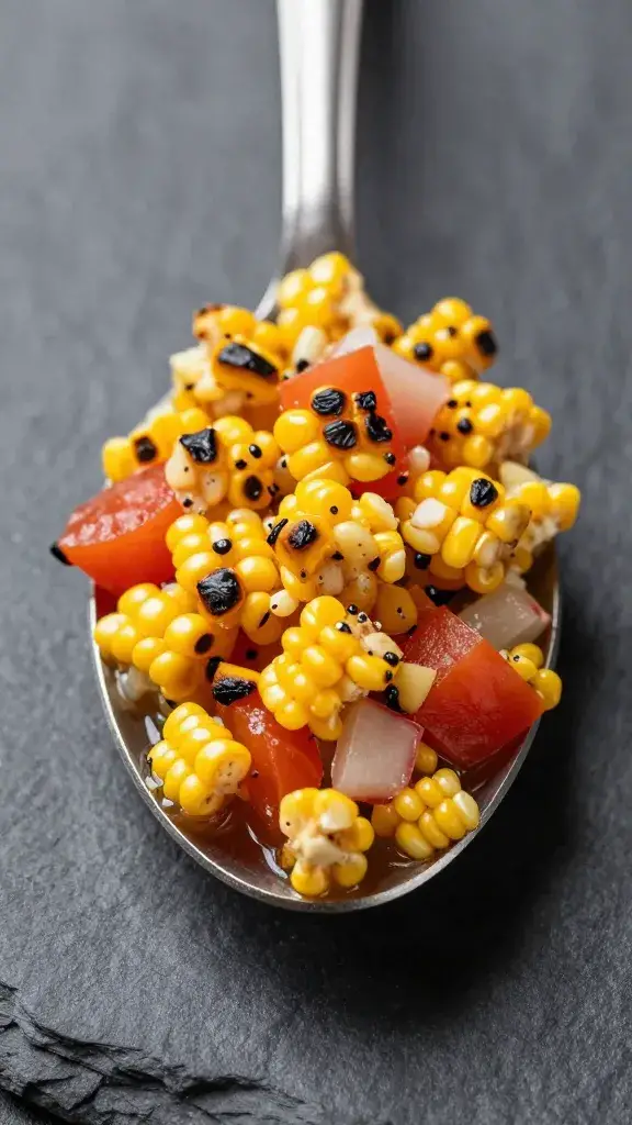 spoonful of charred corn salsa over dark slate