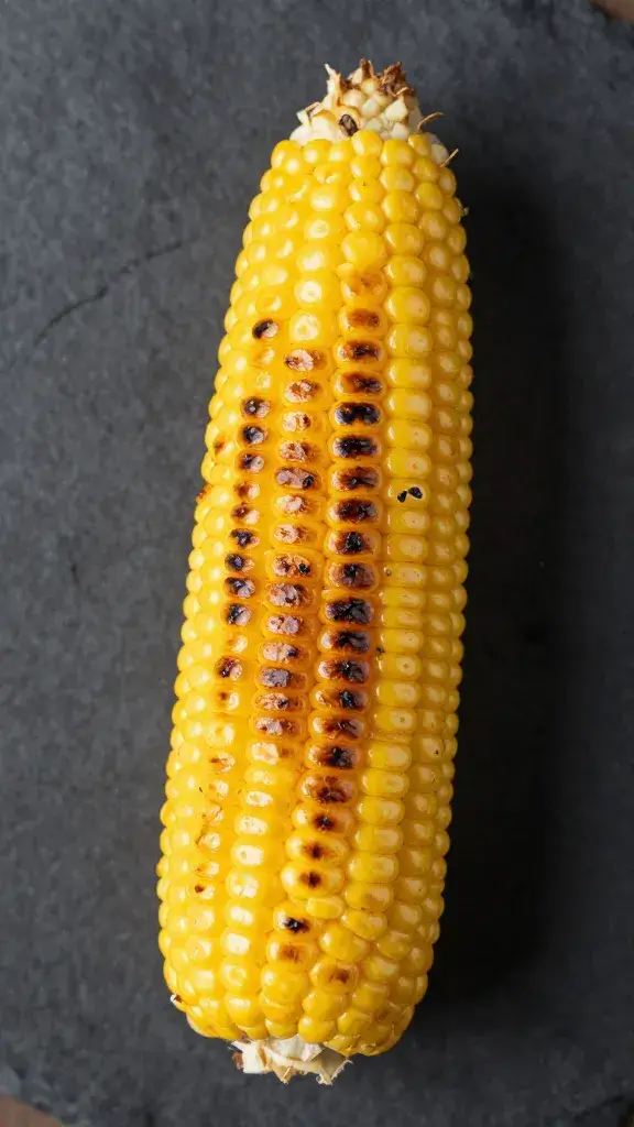 single grilled corn cob with visible char marks
