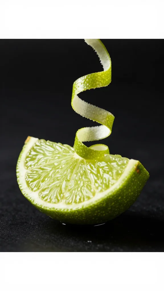 lime wedge with zest curls on black background
