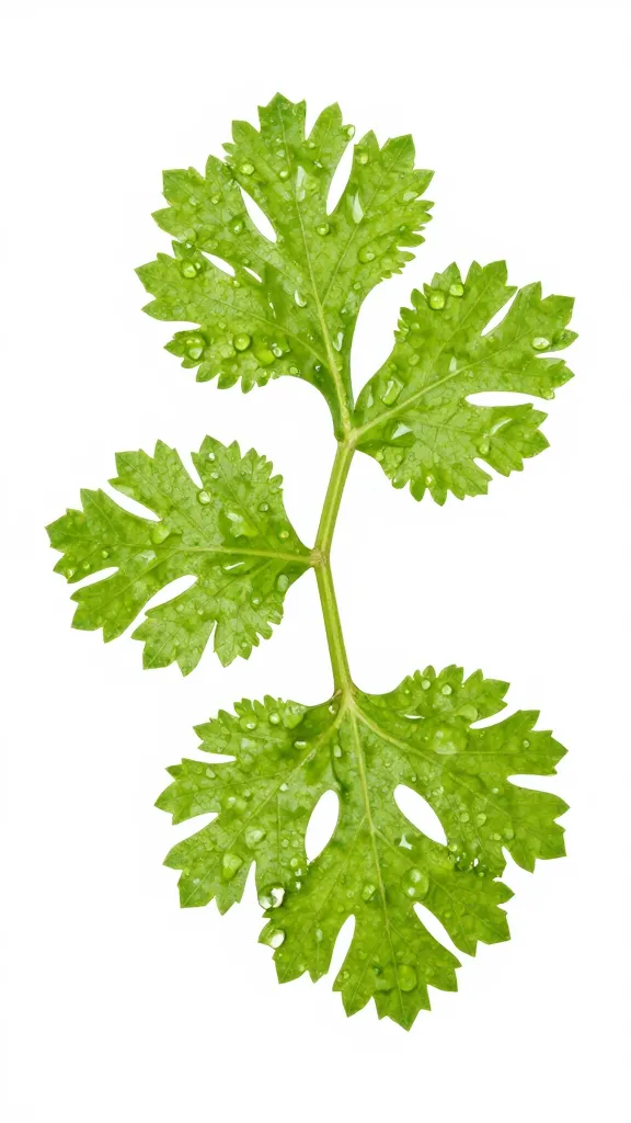 cilantro sprig with dew drops, studio closeup