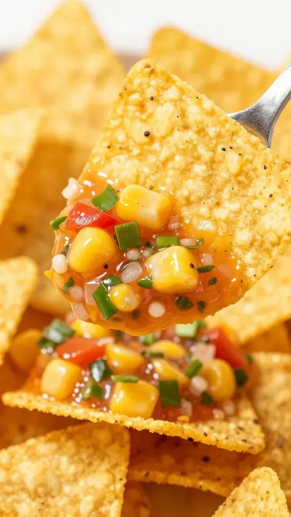 tortilla chip dipped in corn salsa, closeup