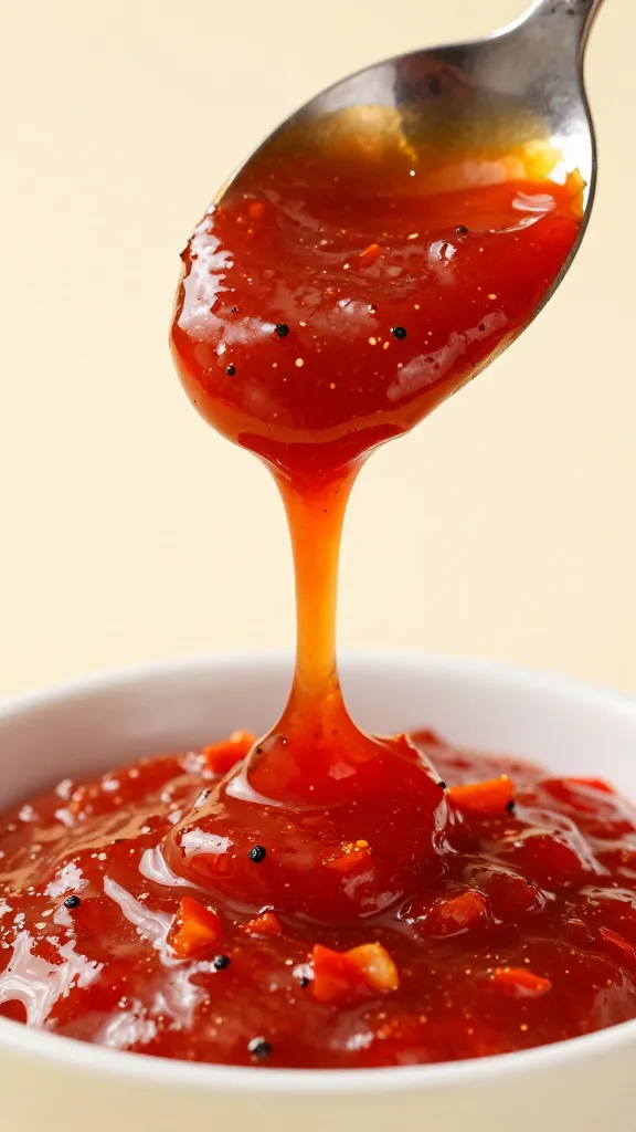 closeup spoon drizzle of roasted red pepper coulis