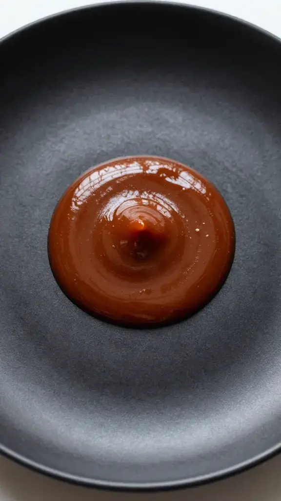 glossy coulis dollop on matte black ceramic plate