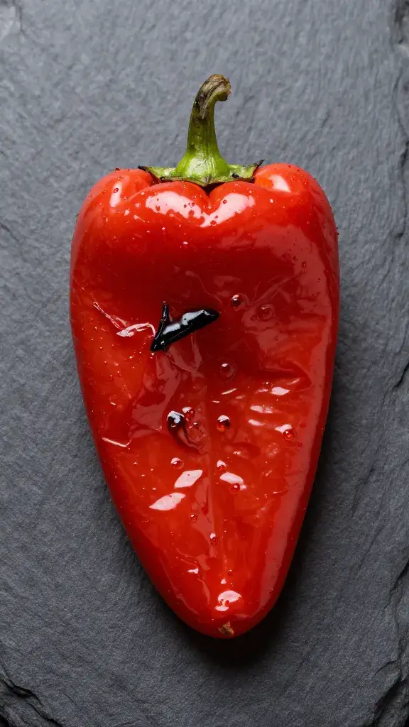 single roasted red pepper charred, on slate surface