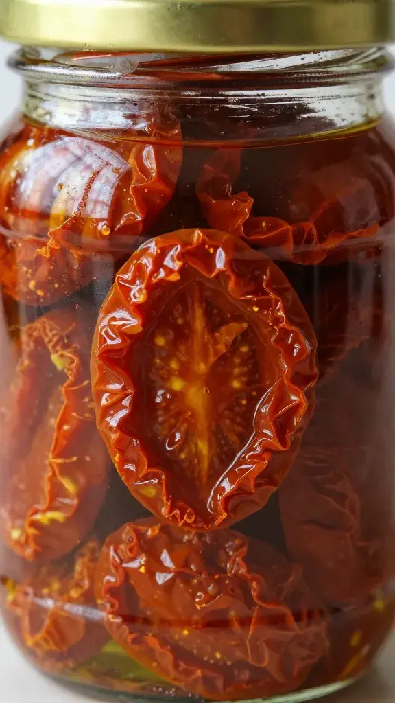 closeup jar of sun-dried tomatoes in olive oil