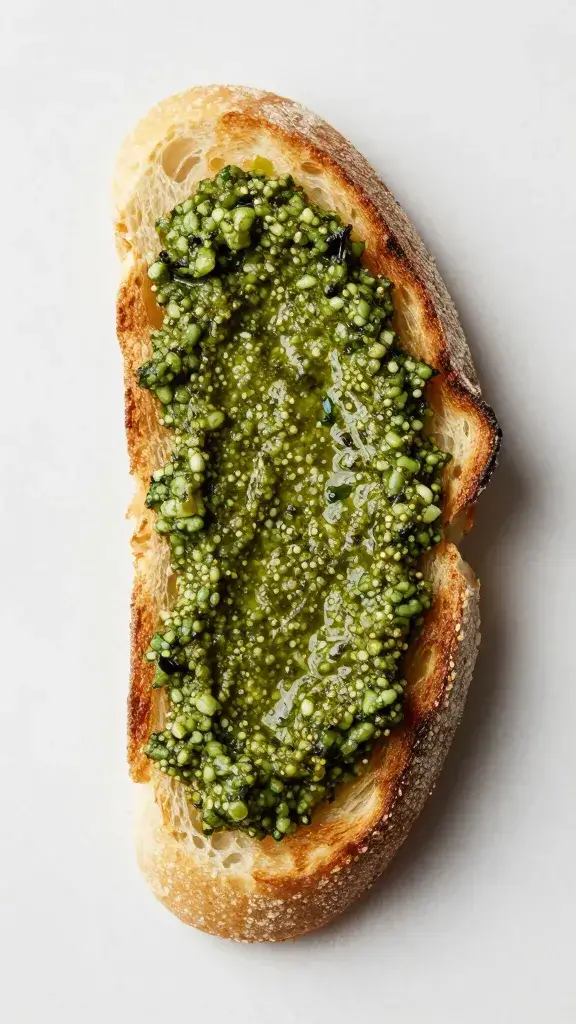 single toasted sourdough slice with pesto spread