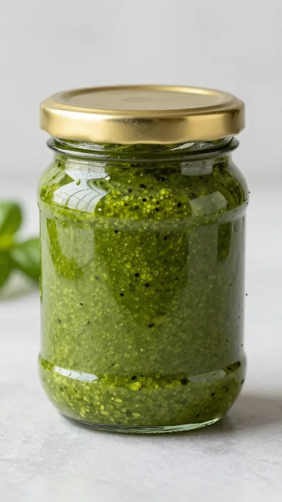 single basil-free pesto jar with gold lid