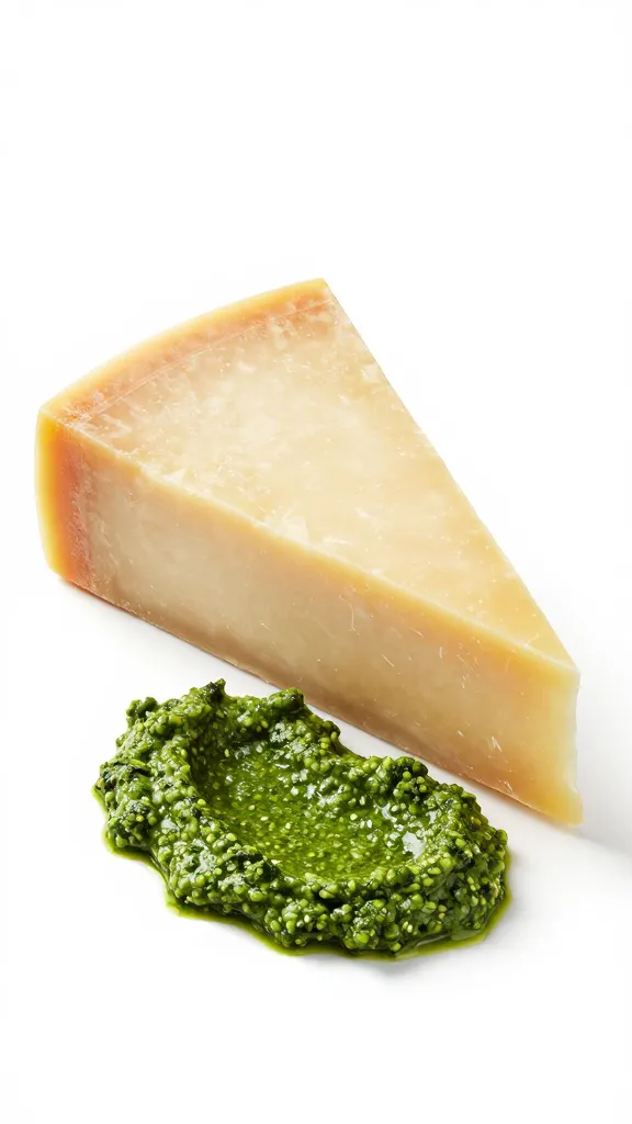 single parmesan wedge beside pesto smear