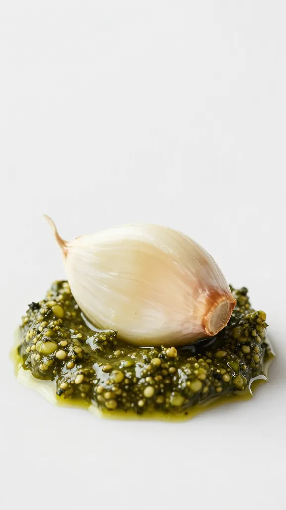 single garlic clove resting on pesto dollop