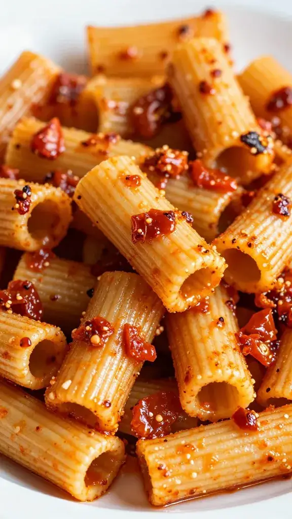 single rigatoni coated in sun-dried tomato pesto