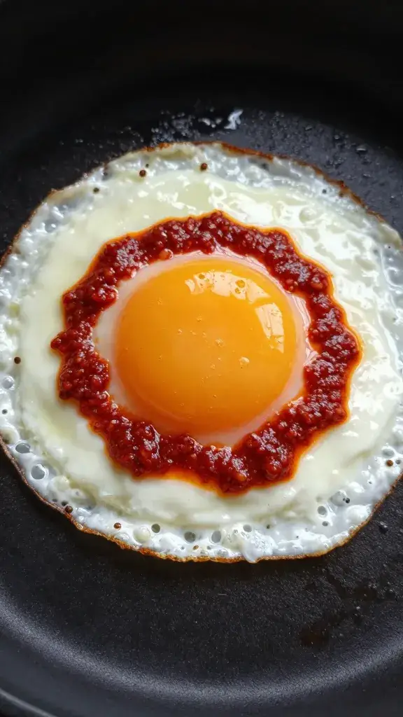 single fried egg topped with red pesto