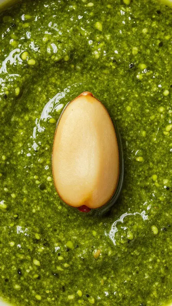single pine nut on glossy pesto surface