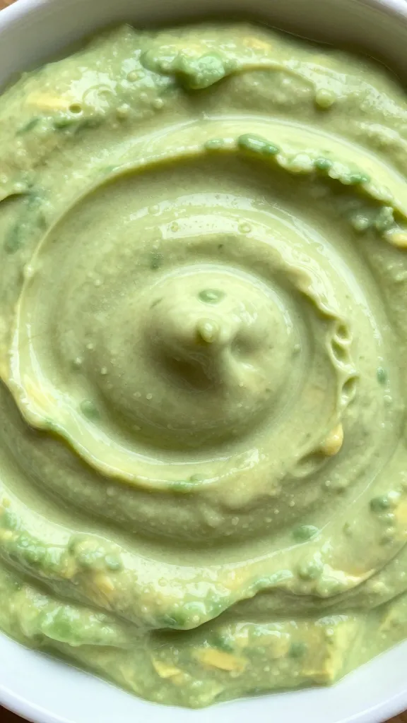 closeup bowl of avocado lime crema, glossy swirl