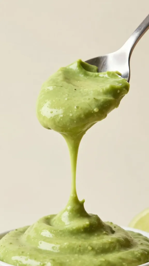 spoon dripping avocado lime crema over neutral background