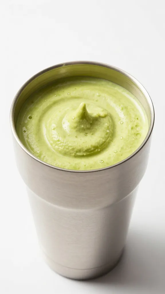 stainless blender cup with fresh avocado crema, top view