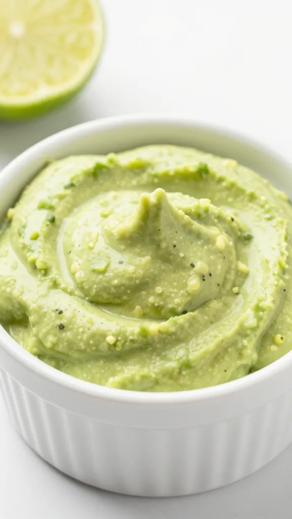 swirl of avocado lime crema in white ramekin